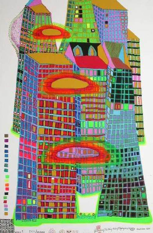 Hundertwasser - Good Morning City - Bleeding Town - series RR - 1969 color screenprint